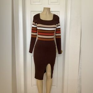 Madden Girl Brown Ribbed Long-Sleeve Midi Dress with Striped Bodice